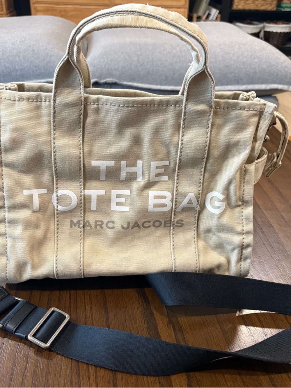 Marc Jacobs Beige Canvas Messenger Tote with Black Strap